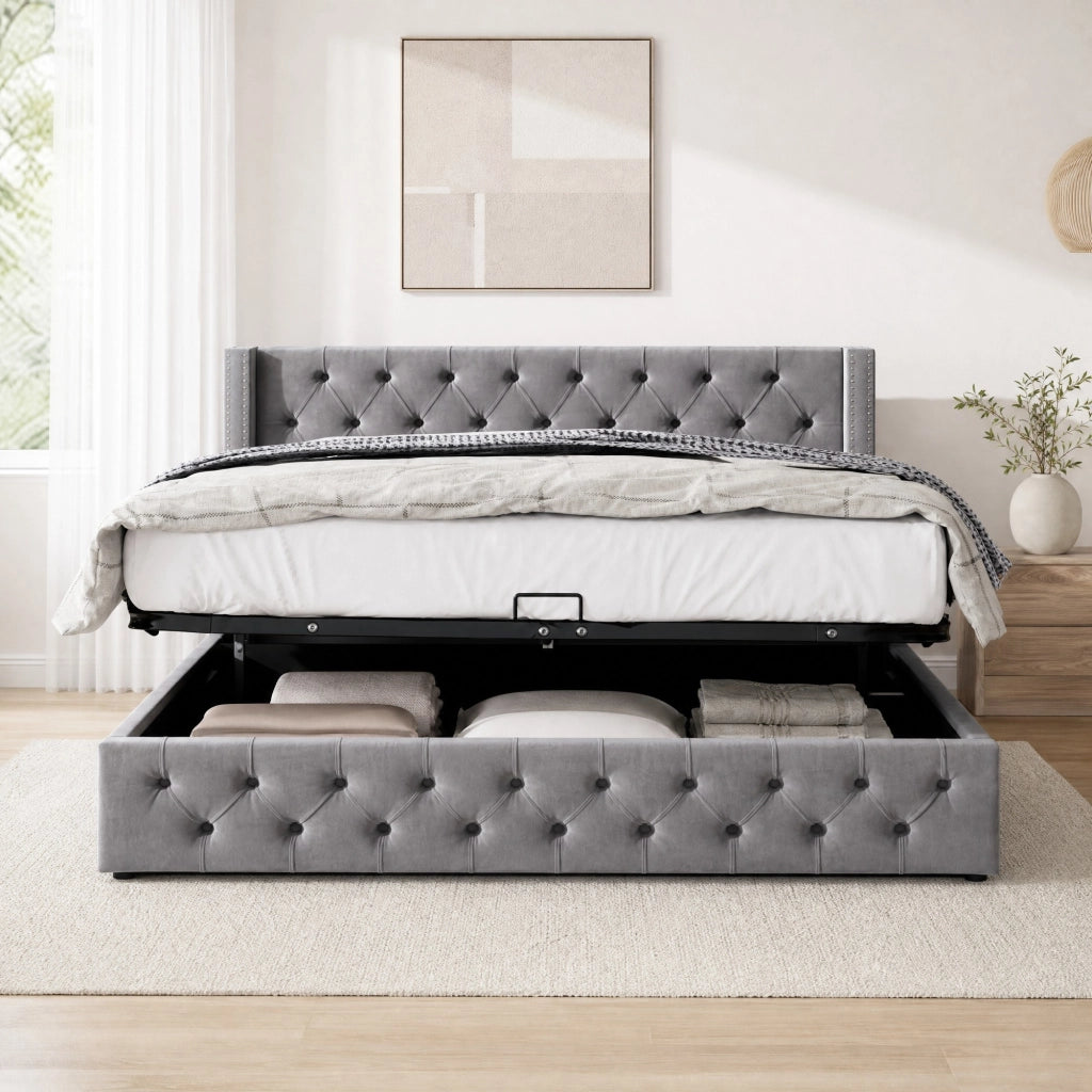 Letto matrimoniale contenitore 160x200 in velluto grigio stile Chesterfield con rete a doghe e testiera alta