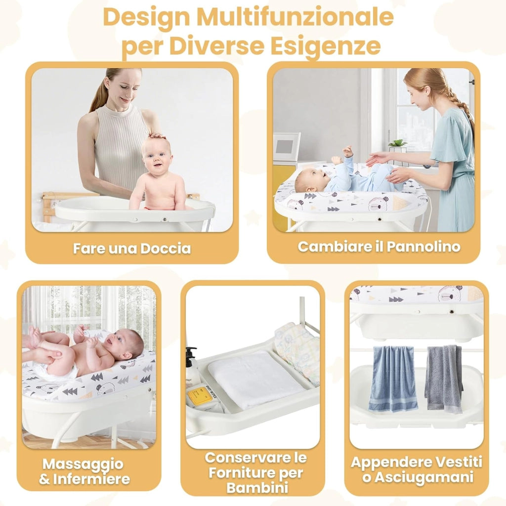 Fasciatoio con Vaschetta Bagnetto 2 in 1, Vasca da Bagno Pieghevole per Bambini, Fasciatoio con Materassino, Cestino Portaoggetti, Ruote con Freno, Portata 35kg+15kg (Bianco)