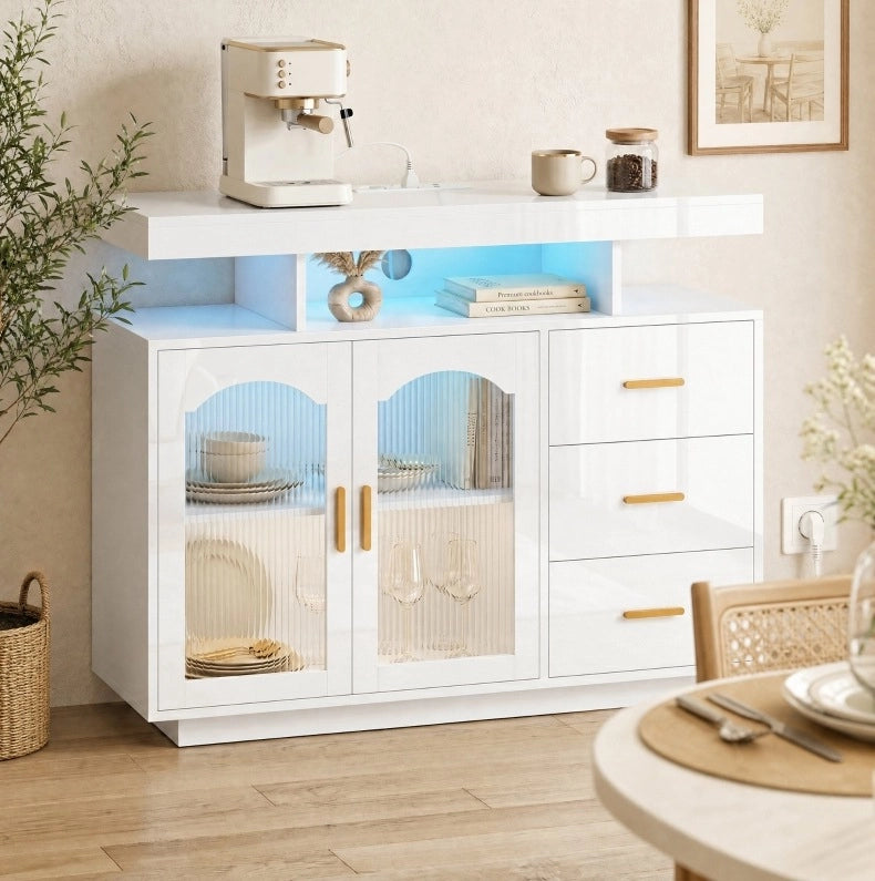 Credenza 100x35x80 cm bianco – LED, prese integrate, 3 cassetti e vani contenitori