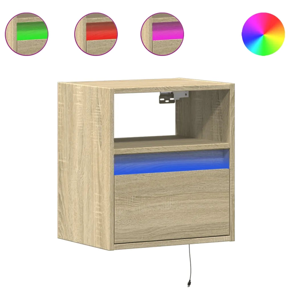 Comodino | Armadio da Notte | Mobiletto da notte a Parete con luci LED Rovere Sonoma