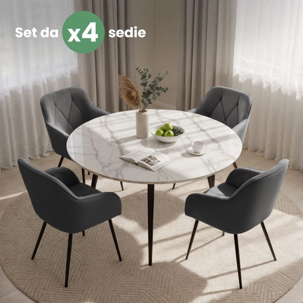 Set di 4 Sedie in velluto trapuntato DIAMANTE Grafite gambe nere