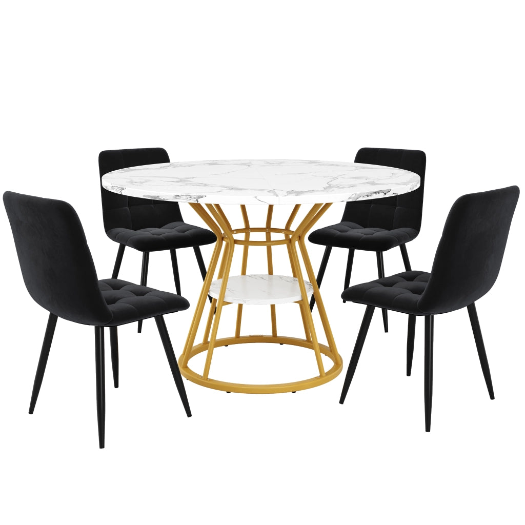 Set Tavolo Rotondo con 4 Sedie in Velluto ¨C Xylo ¨C Piano Marmo, 100x100x76, Nero