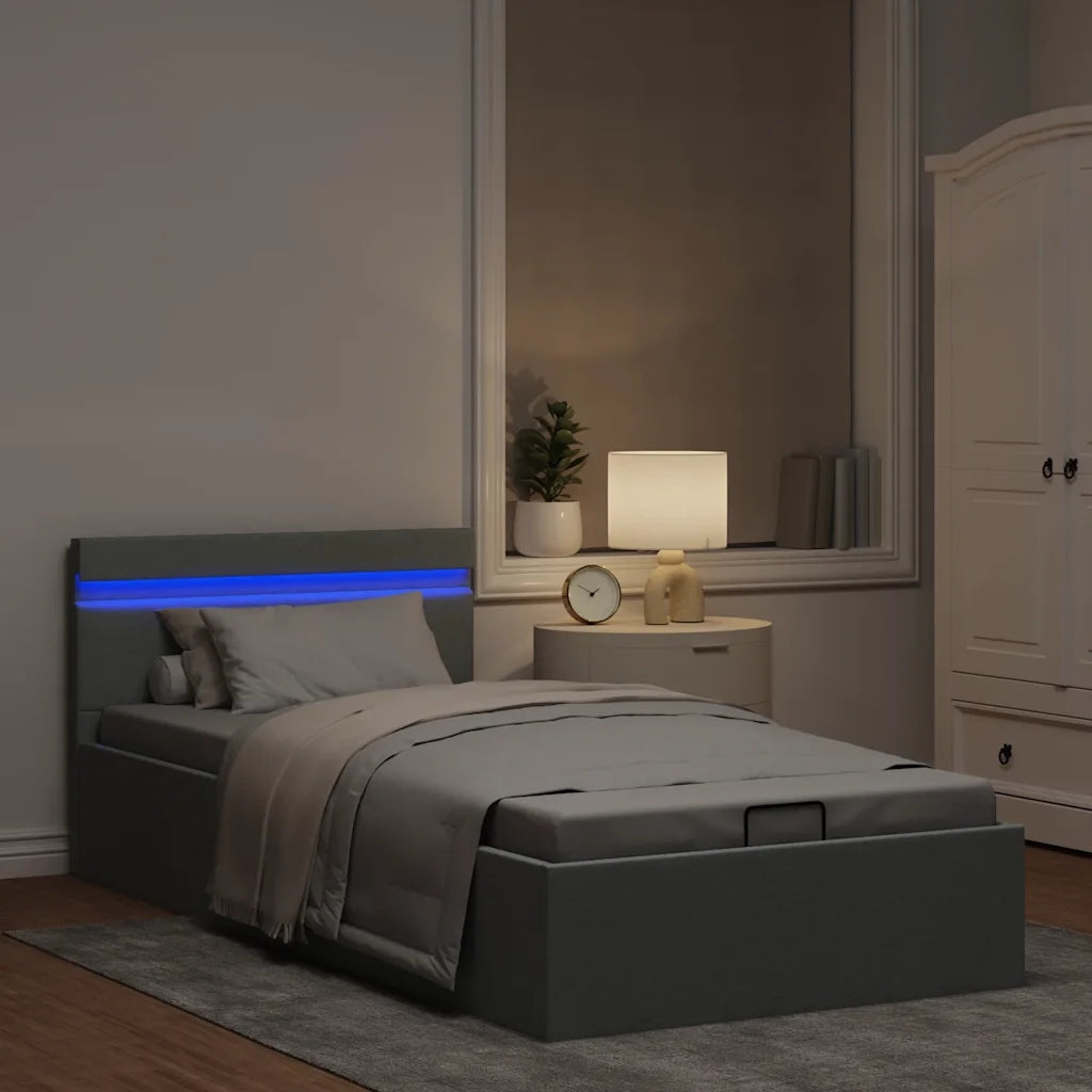 Letto singolo | Letto per adulti | Giroletto con Contenitore e LED Grigio Chiaro Tessuto 90x200 cm