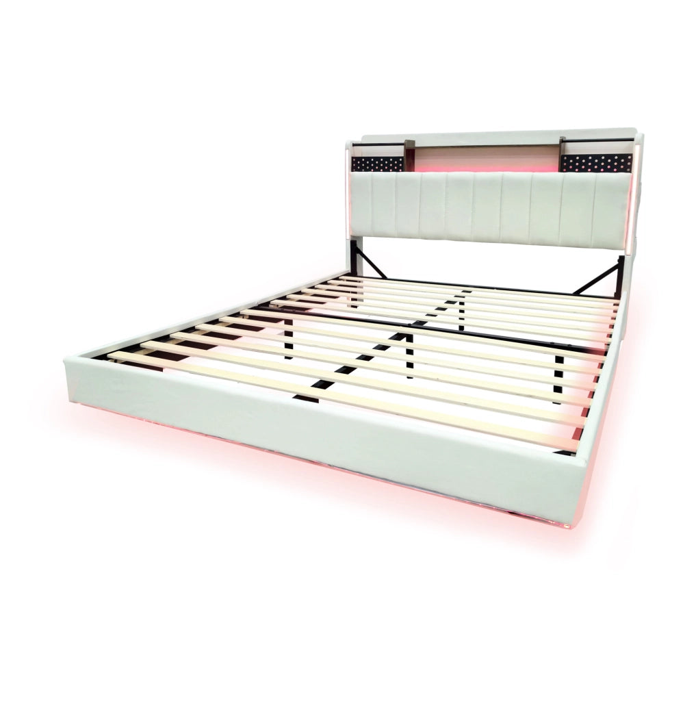 Letto matrimoniale imbottito 160x200 cm con USB; luci LED; testiera con vano contenitore; beige