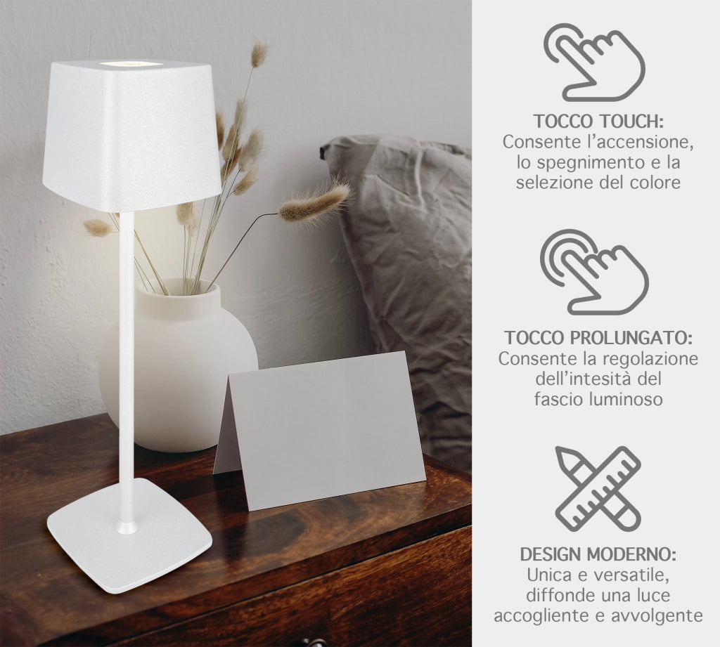 Coppia Di Lampada Da Tavolo LED Set 2 Pezzi Design Moderno Senza Fili Ricaricabile Controllo Touch Selezione Colore Intensità Dimmerabile Altezza Regolabile Con Adattatore Per Bottiglia 3000/4500/600K  2Pz-Quadrata-Bianco
