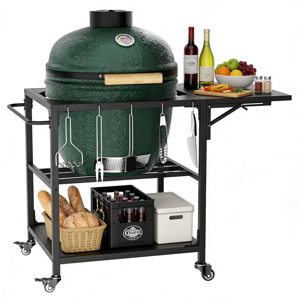 Tavolo da Grill per Esterno Big Green Egg ¨C Xylo ¨C Metallo con Ruote e Ripiano
