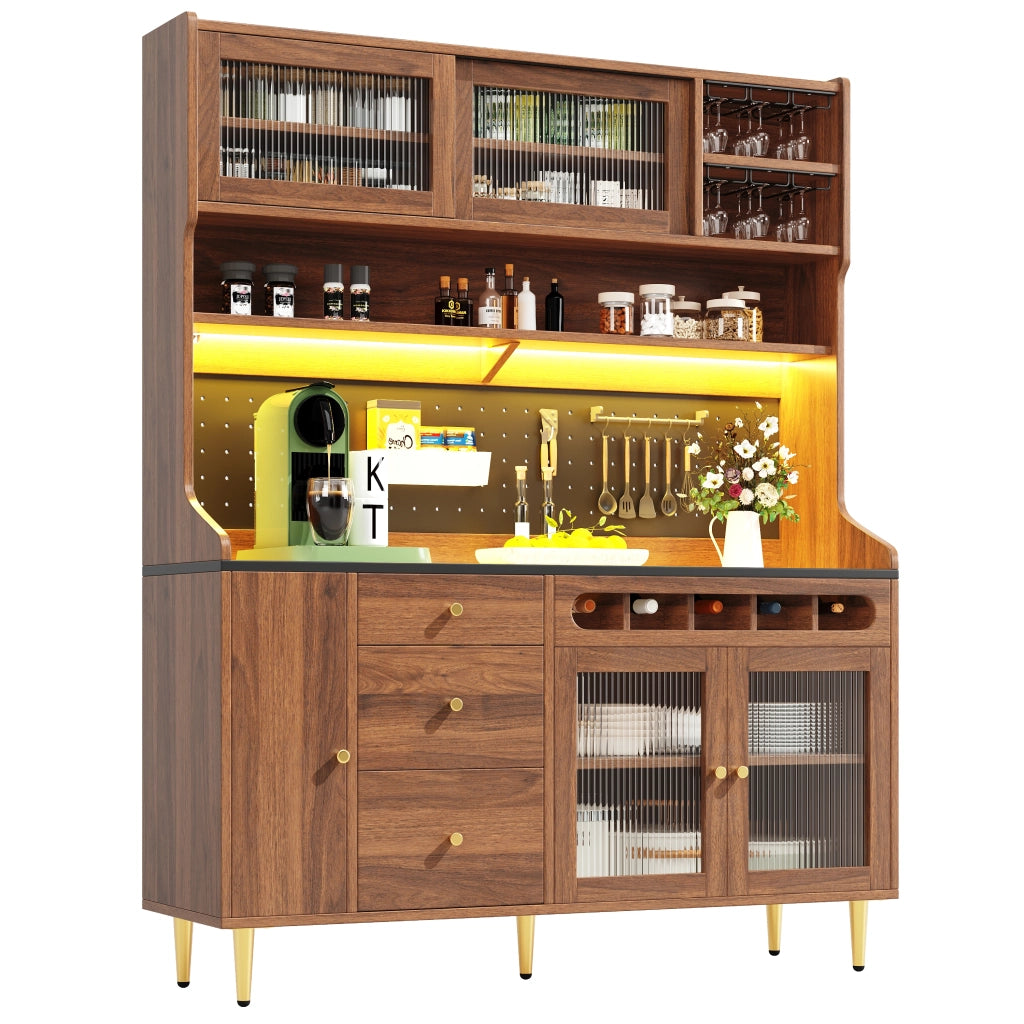 Armadio Alto Soggiorno con Cassetti, Ripiani e LED ¨C MINIMAL ¨C Noce 145x39x171