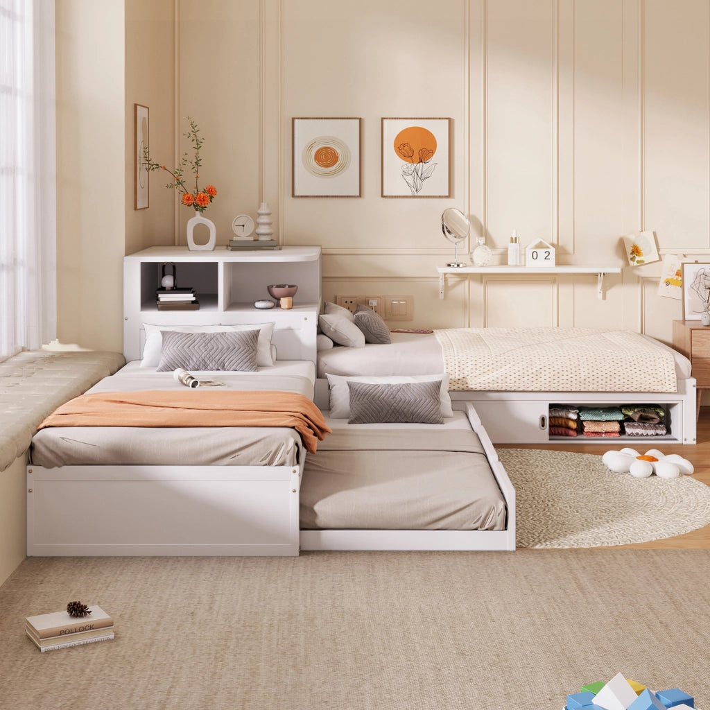 Letto singolo 90 × 200 cm con letto estraibile, contenitore con ante scorrevoli et luce notturna LED, senza materasso, bianco