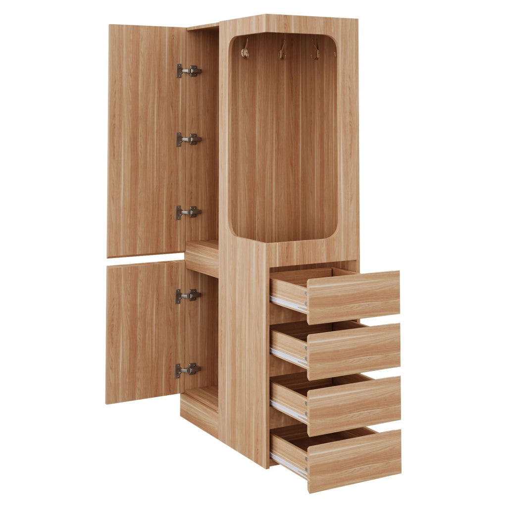 Armadio con 4 cassetti e vano appendiabiti aperto, 1 anta, per camera da letto, in legno naturale, 70 × 40 × 170 cm
