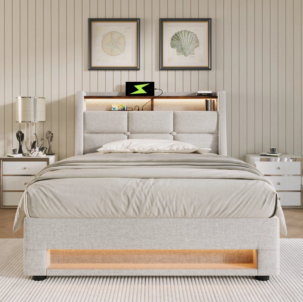 Letto imbottito ULEVR 90x200 cm con contenitore a gas, LED e 2 USB, lino beige chiaro