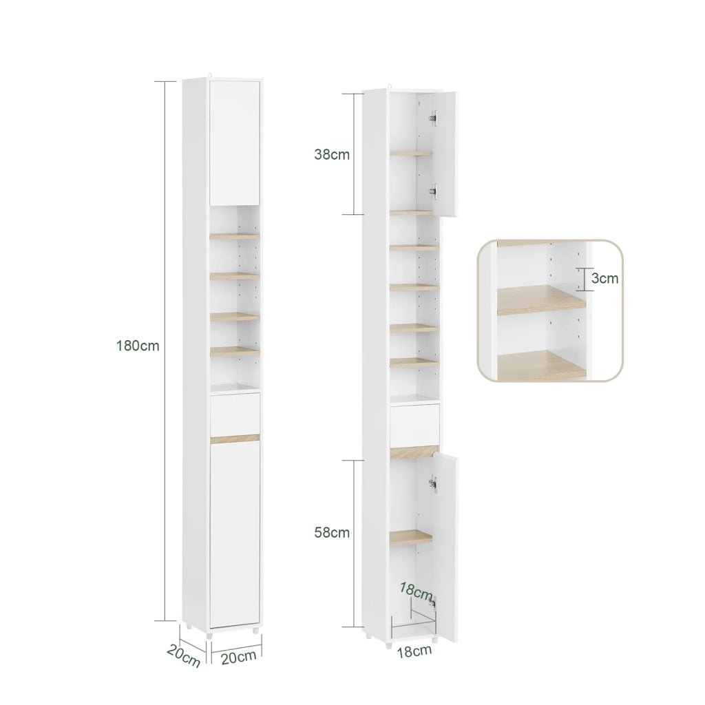 Armadio Colonna bagno, Mobile bagno alto con 2 Ante e 1 cassetto altezza: 180 cm Bianco-Naturale BZR34-WN