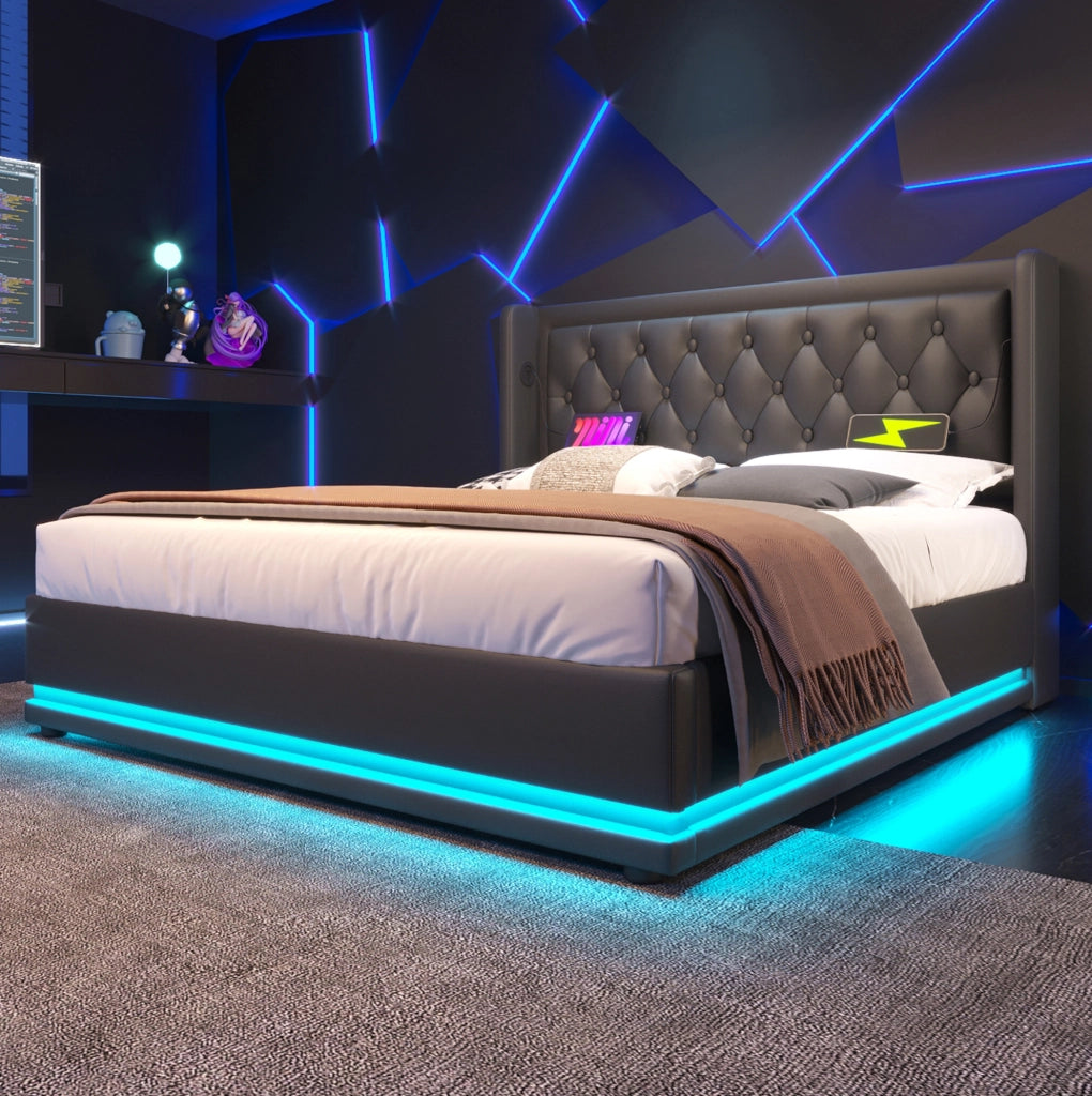 Letto imbottito 140x200 cm nero PU con contenitore idraulico, LED e USB-C
