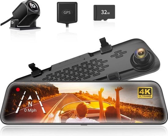 Specchietto Retrovisore a Tono 12" IPS a Schermo Touch Full HD 2160P con Due Lenti Slim per Auto e Camion - Flusso Streaming con HDR e Visione Notturna - Inclusa Carta TF da 32GB