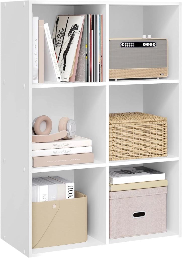 Libreria Bianca con 6 Cubi Portaoggetti, Scaffale in Legno Multiuso, Mobiletto Salvaspazio per Soggiorno, Camera da Letto, Ufficio 59.6X29X89cm, SK002ws3