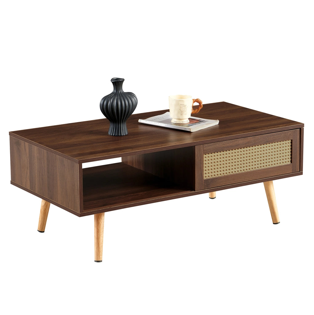 Tavolino da caffè in MDF con anta scorrevole in rattan; 105 x 55 x 40 cm; marrone