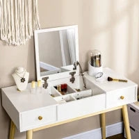 Set di Toeletta con Sgabello, 2 Cassetti e Specchio Ribaltabile, Stile Scandinavo, 100 x 45 x 118 cm, Bianco