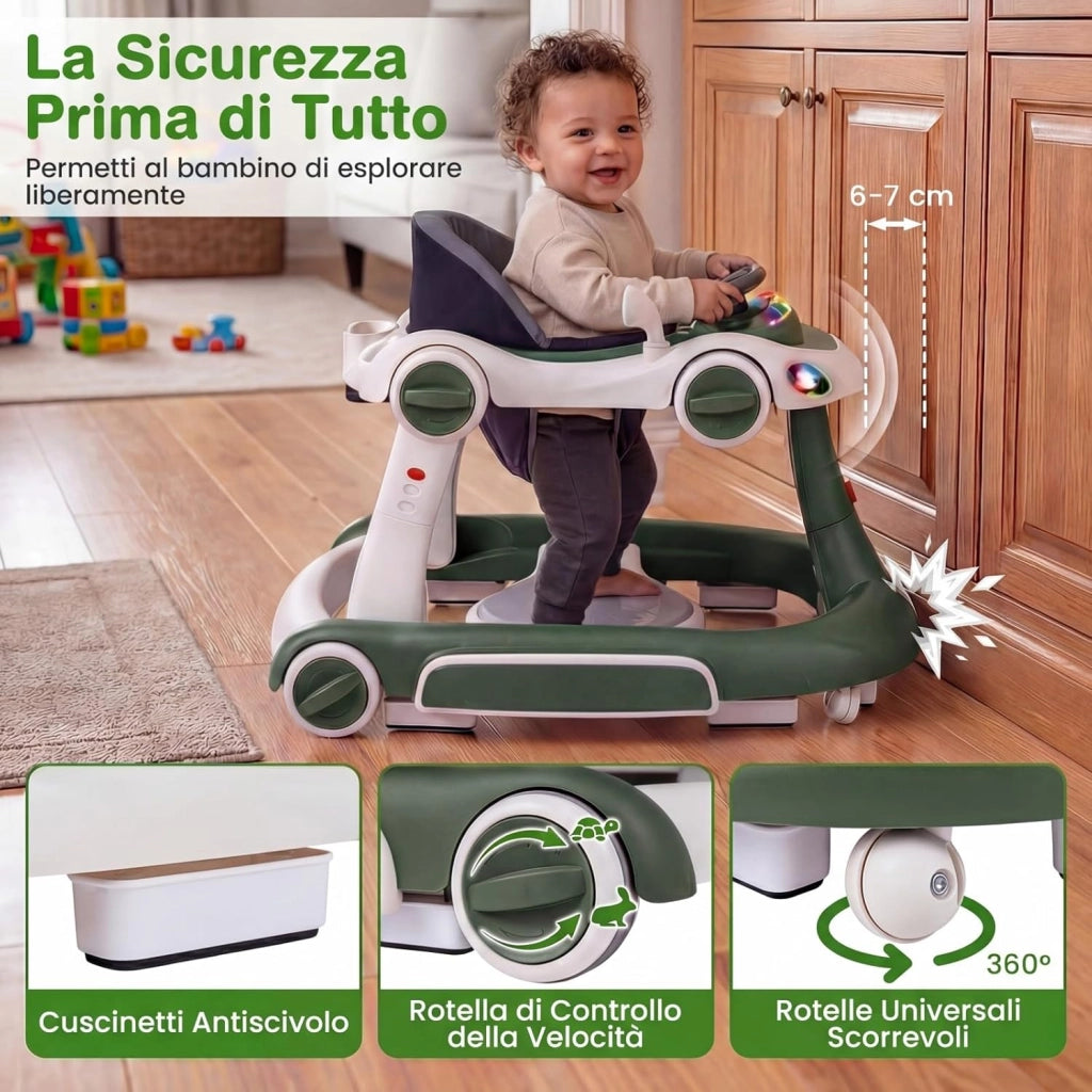 Girello per Bambini 6-in-1 Evolutivo, Centro Attività Pieghevole con Maniglia, Regolazione Altezza/Velocità, con Musica, Luci Tenda, per Neonati 6-18 Mesi (Verde+Bianco)
