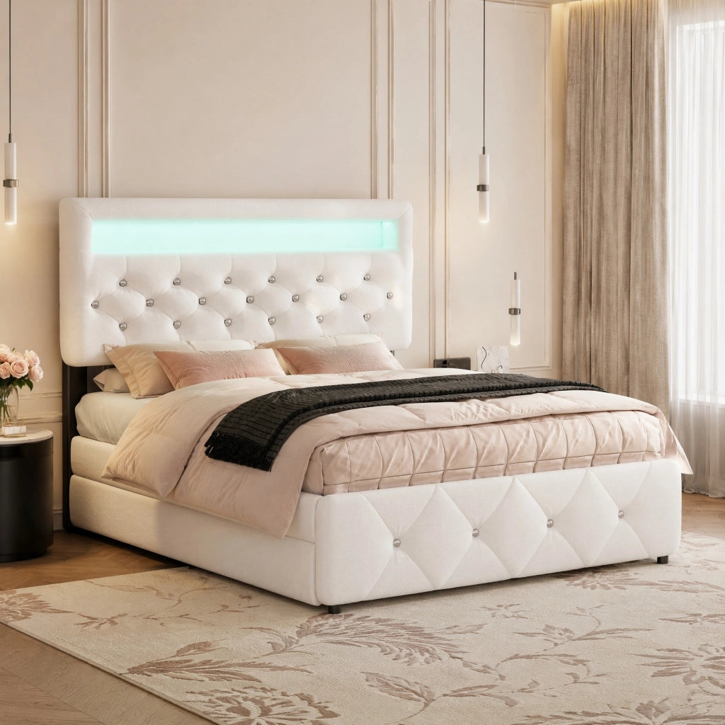 Letto matrimoniale imbottito 140x200 con letto estraibile e 2 cassetti