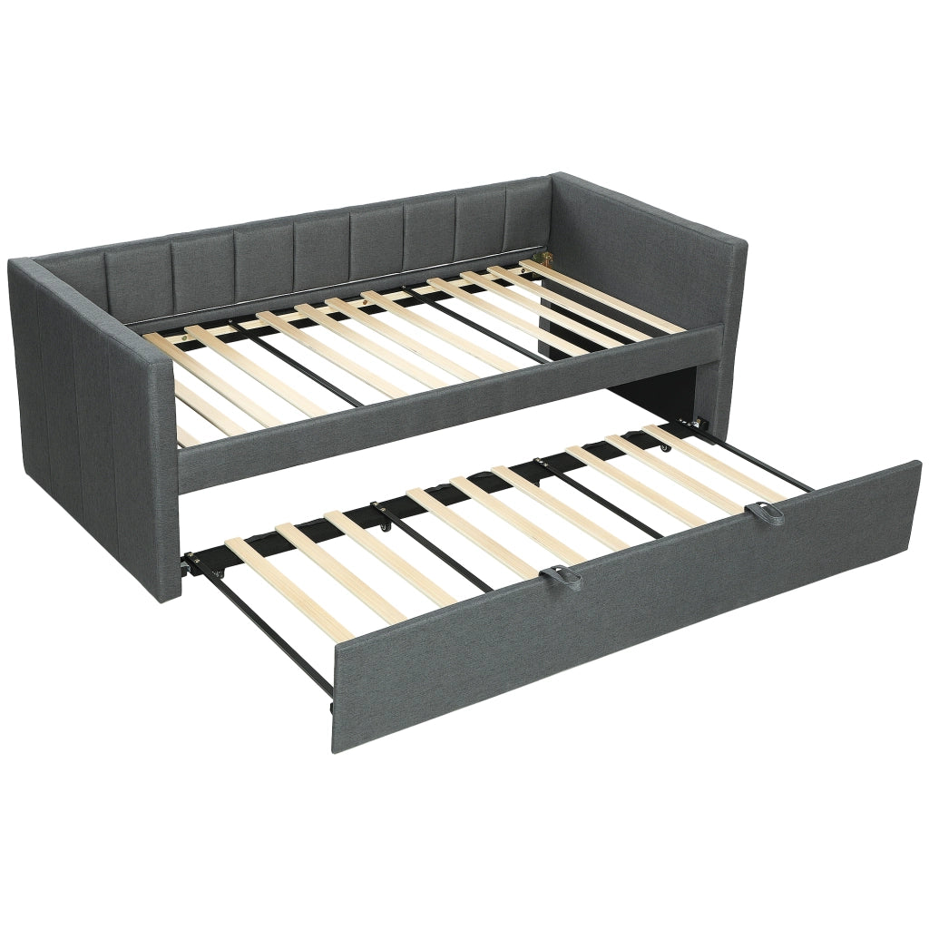 Letto Singolo con Secondo Letto Estraibile, Rivestimento in Tessuto e Braccioli, 205x181x70 cm, Grigio Scuro