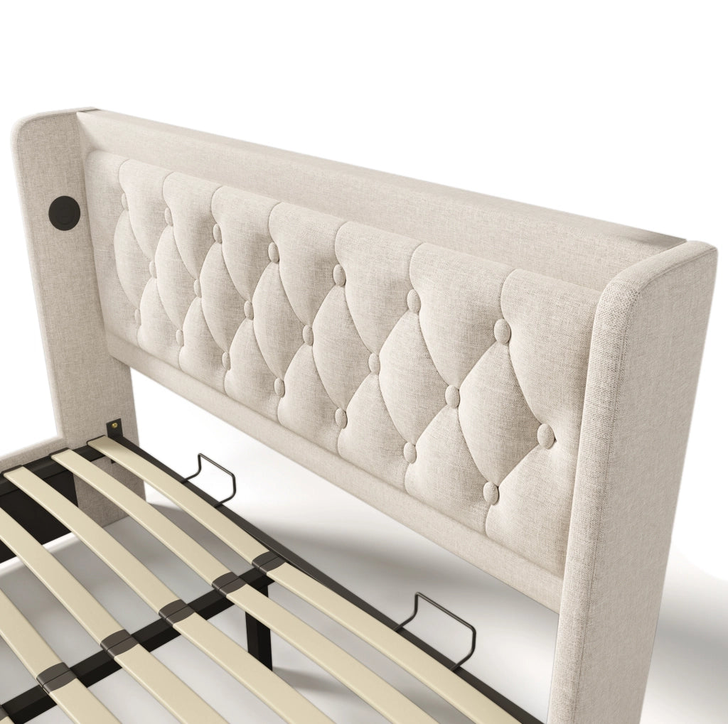 Letto 160x200 cm con contenitore idraulico, LED, USB e USB-C in cotone beige