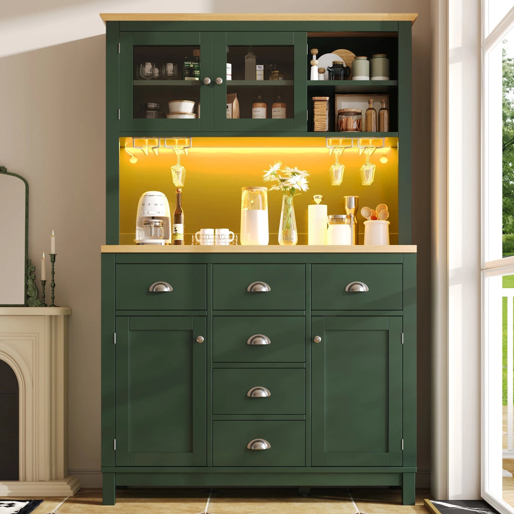 Credenza e madia con LED, vani interni e ripiani nelle ante, per cucina e soggiorno, in MDF, verde, 104 × 40 × 180 cm