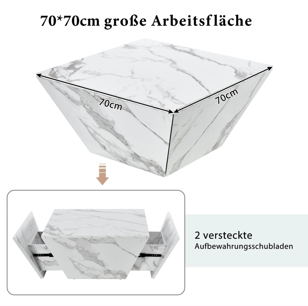 Tavolino da caffè trapezoidale con 2 cassetti 70x70x37 cm MDF bianco
