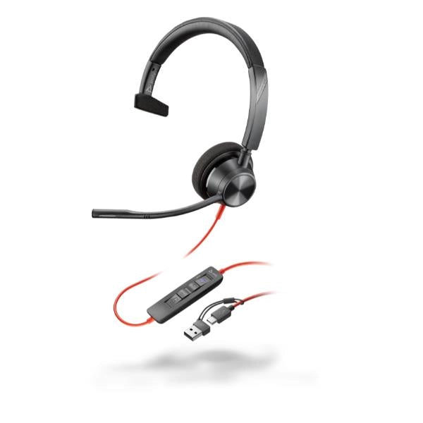 Poly cuffie monoaurali blackwire 3310 con connettore usb-c, certificate per microsoft teams + adattatore usb-c/a - 8X216AA