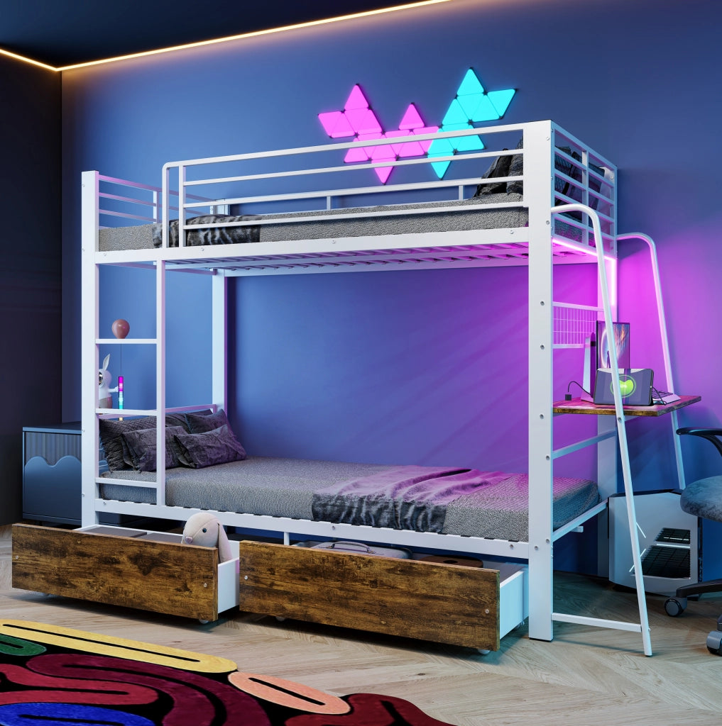 Letto a castello 90x200 cm in MDF e metallo con cassetti; bianco opaco; nero e rovere scuro