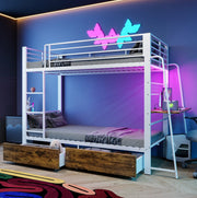 Letto a castello 90x200 cm in MDF e metallo con cassetti; bianco opaco; nero e rovere scuro