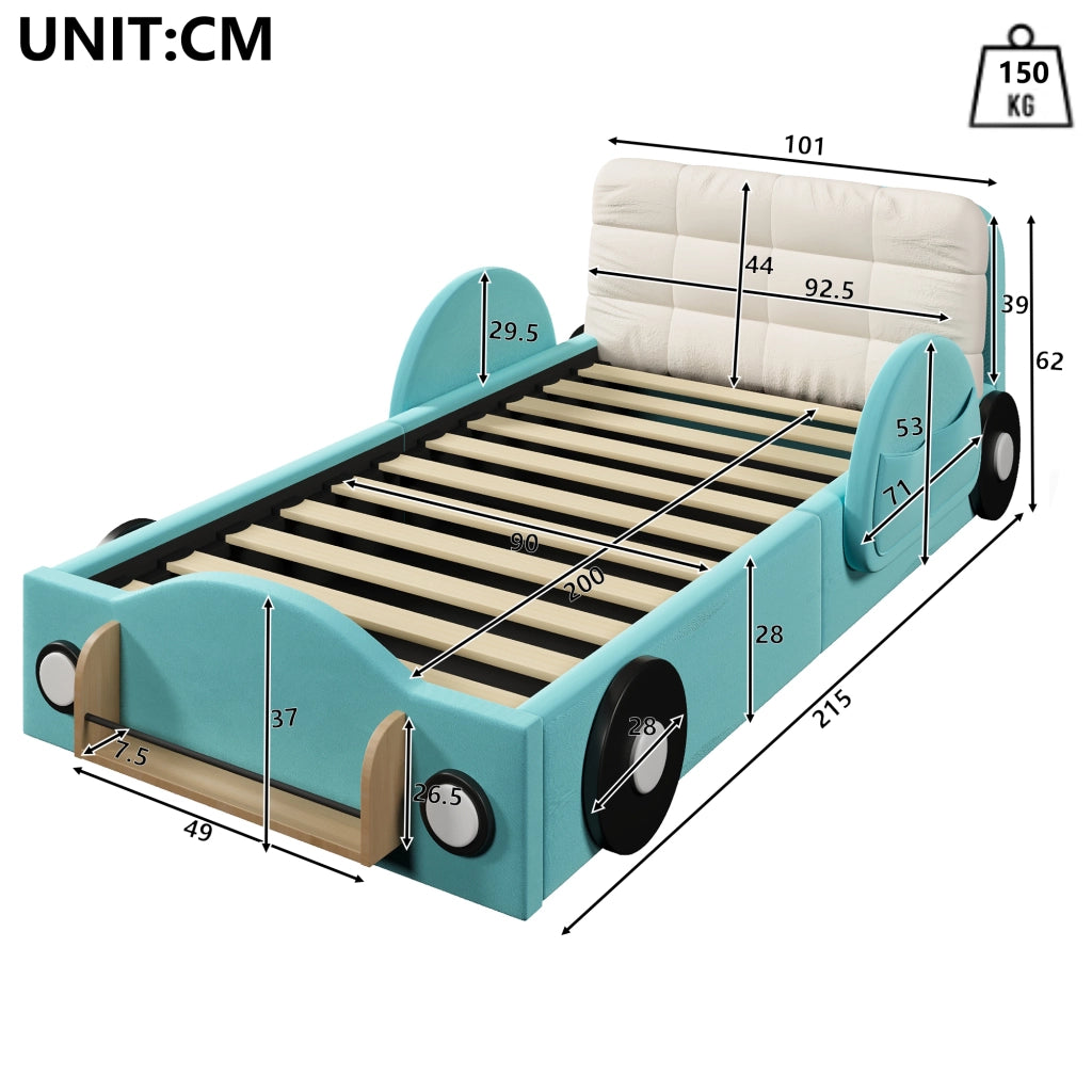 Letto Contenitore 90x200 cm con sollevamento idraulico; tasche laterali e ripiano in Flanella Blu