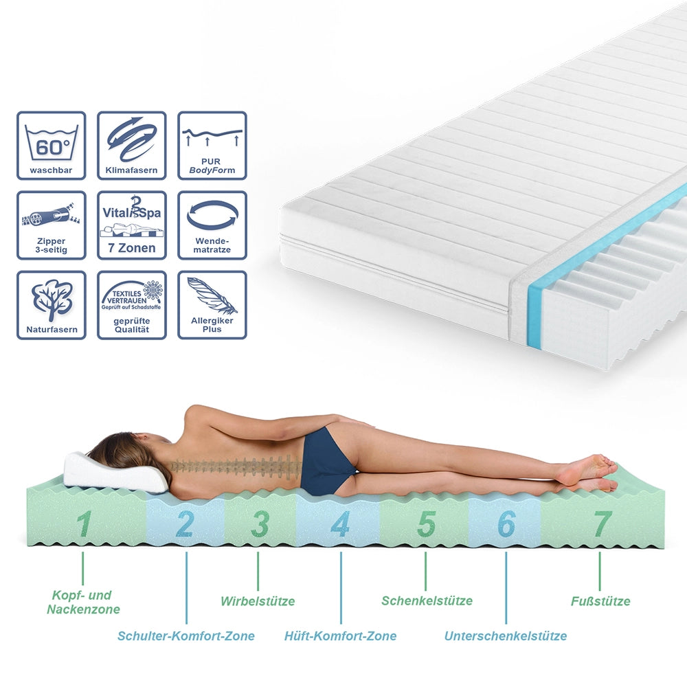 Vitalispa Materasso in schiuma fredda Bianco 90 x 200 cm H2 grado di durezza, 7 zone