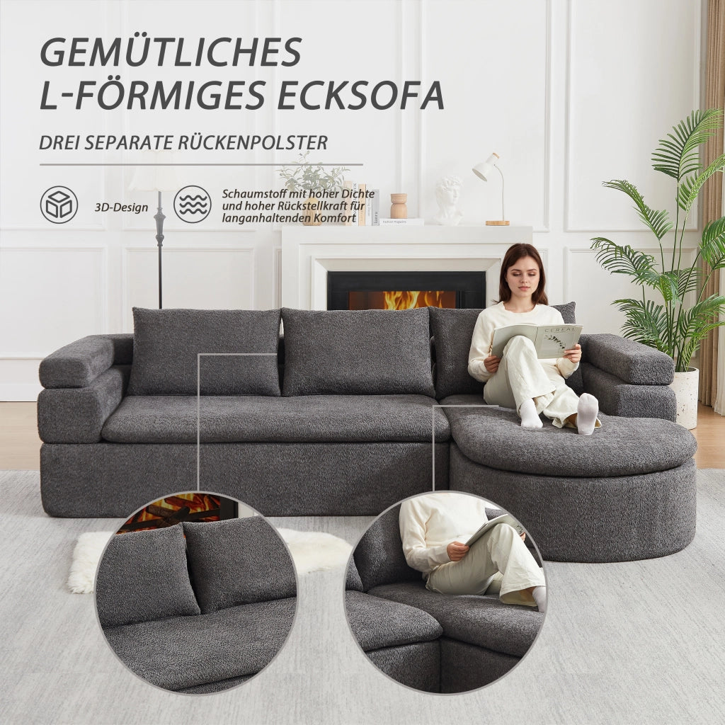 Divano angolare con chaise longue in chenille con bracciolo a gradini e schienali imbottiti grigio antracite