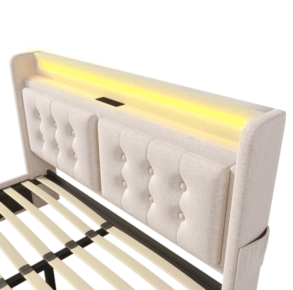 Letto matrimoniale 160x200 cm con LED; porte USB e Type-C; 4 cassetti; beige