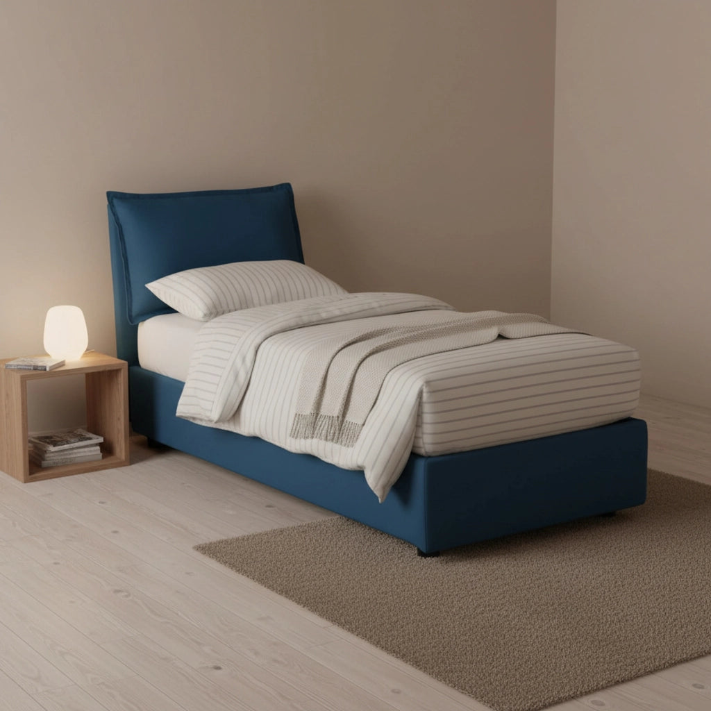 Letto singolo Armaduk, Letto contenitore con rivestimento in tessuto, Made in Italy, Apertura frontale, con materasso cm 80x190 incluso, Blu
