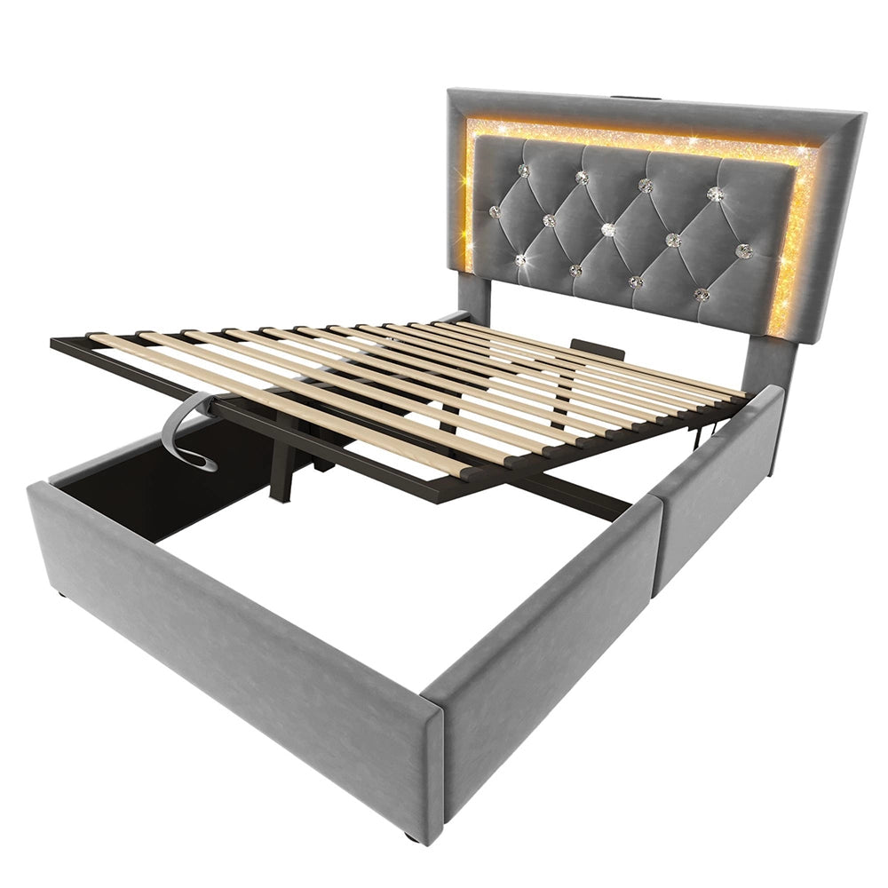 Letto imbottito-Xylo-90x200cm LED diamante USB-C idraulico velluto grigio con materasso