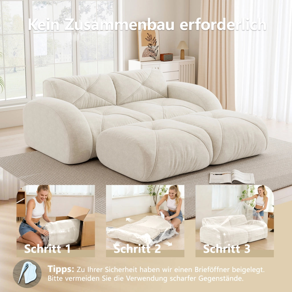 Divano modulare 2 posti senza struttura con due pouf in ciniglia beige chiaro per soggiorno e relax quotidiano