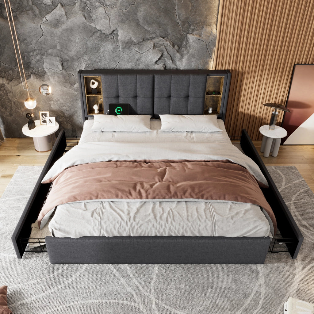 LETTO imbottito 160x200 cm Grigio in lino con ricarica wireless USB-C e materasso incluso