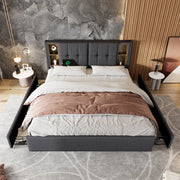 LETTO imbottito 160x200 cm Grigio in lino con ricarica wireless USB-C e materasso incluso