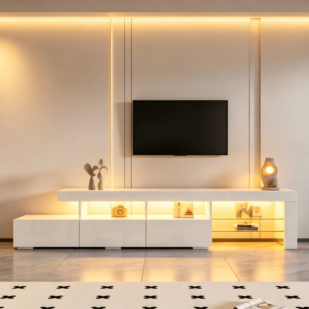 Mobile TV con 3 cassetti; 7 vani e LED - per soggiorno - 180 x 35 x 45 cm - bianco