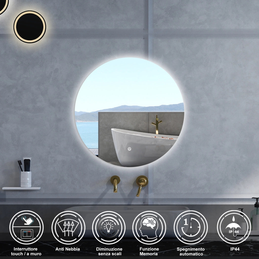 Specchio da bagno Rotondo con 60cm,Memoria, Antifog,Regorabile,Retroilluminato,doppio interruttore,