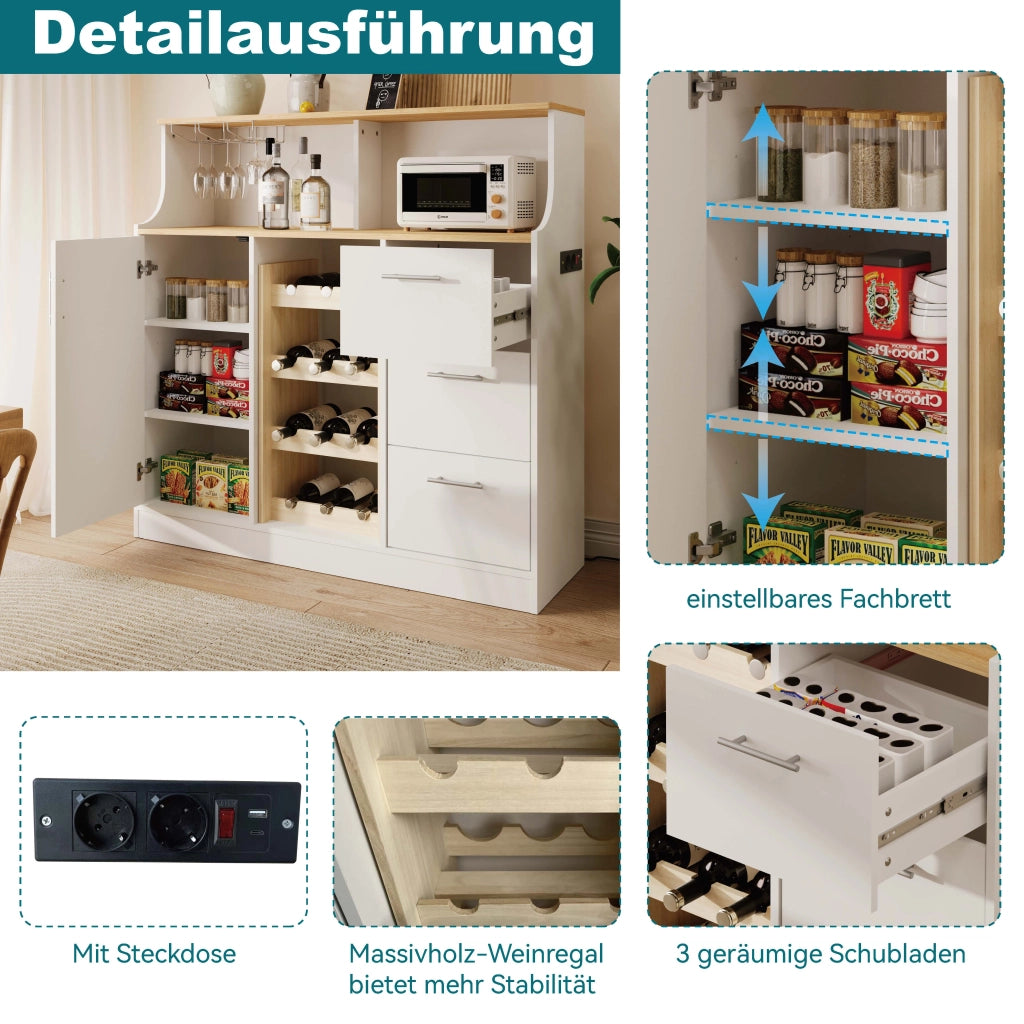 Credenza e madia con LED, presa elettrica, portabottiglie, 3 cassetti e ripiani, per cucina, 120 × 40 × 121 cm