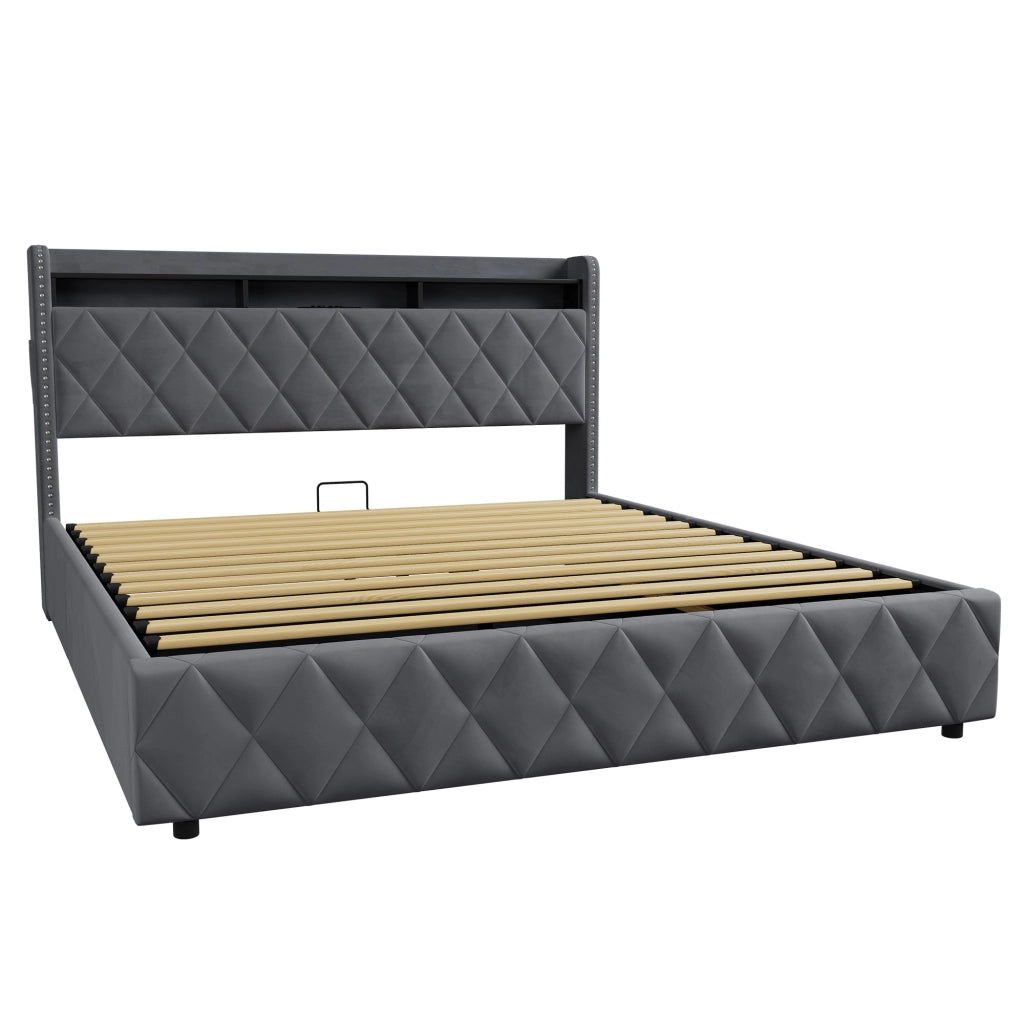 Letto Imbottito 180x200 cm con Contenitore, LED e USB, Grigio Scuro