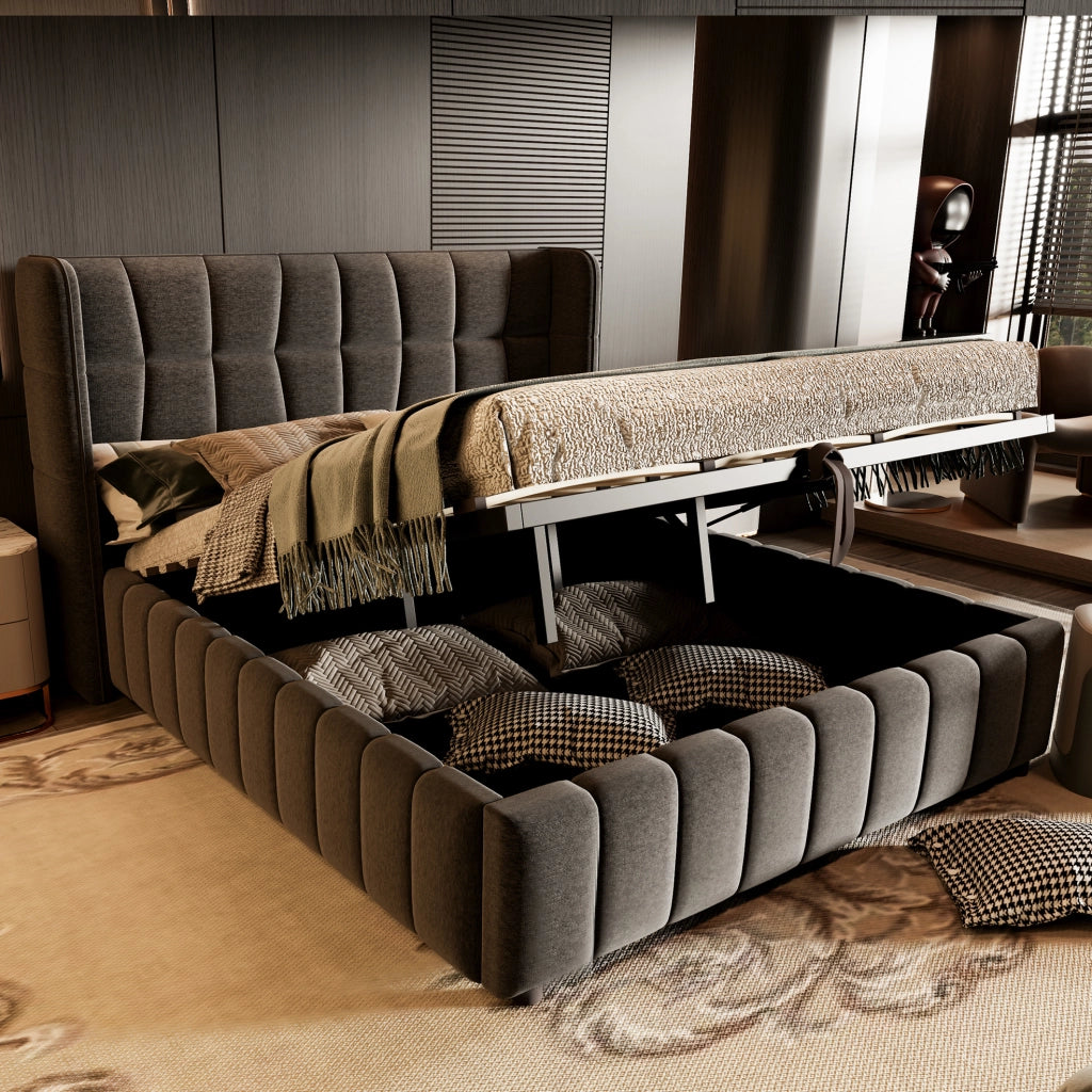Letto contenitore imbottito 180x200 cm con rete a doghe e testiera grigio
