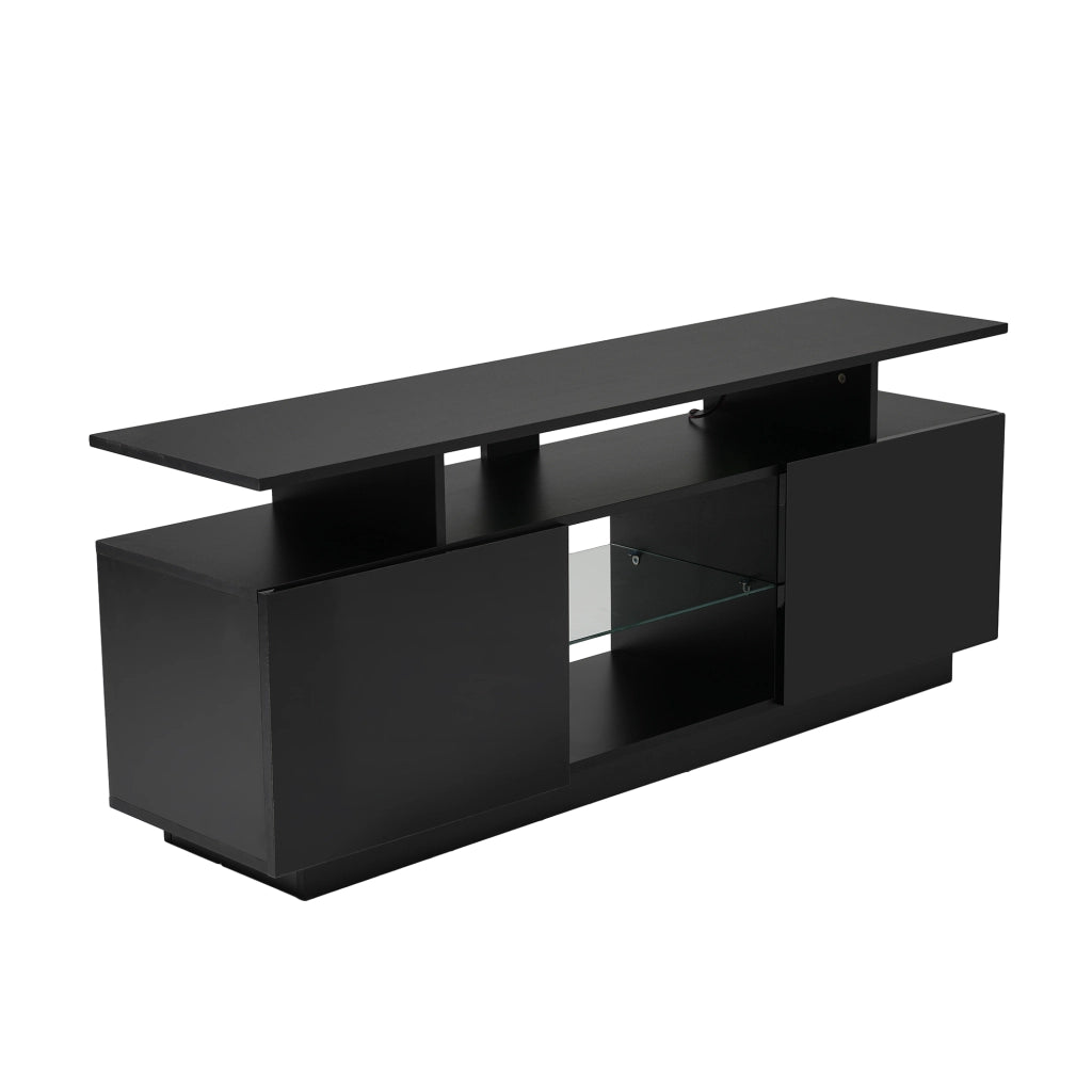 Mobile TV nero da 140 cm con illuminazione LED a 16 colori, 5 vani aperti e 2 ante lucide
