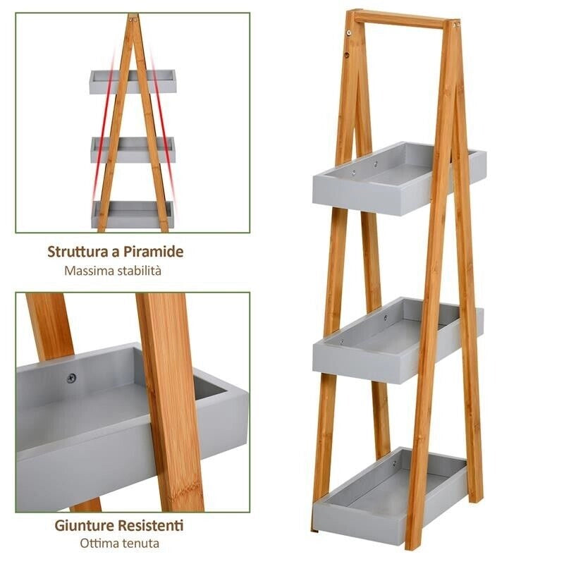 SCAFFALE BAGNO IN MDF E BAMBÙ CON 3 MENSOLE 30 X 18 X 81 CM GRIGIO