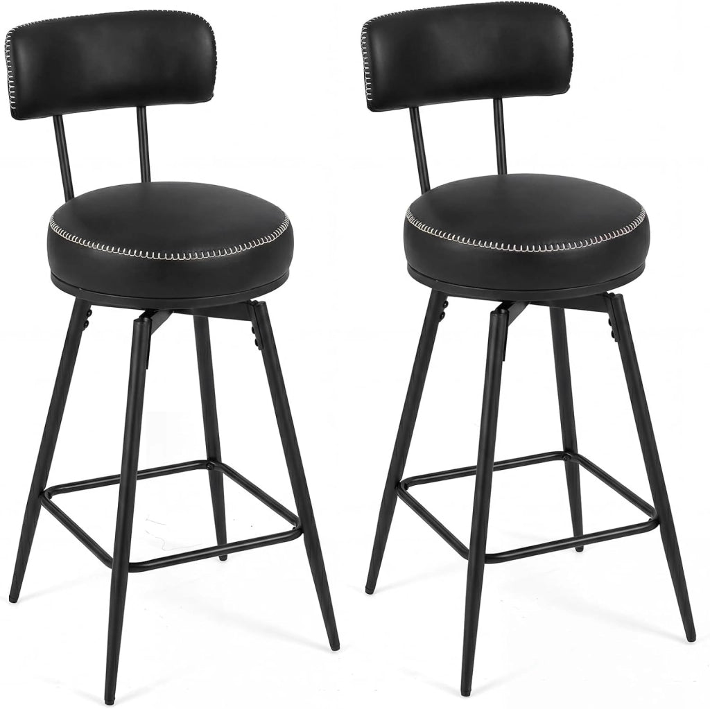 Set di 2 Sgabelli Girevoli, Sedie da Bar Moderne con Schienale Imbottito, Poggiapiedi e Gambe in Metallo, Sgabelli Imbottiti in Similpelle per Isola Cucina e Sala da Pranzo (Nero, Rotondo)