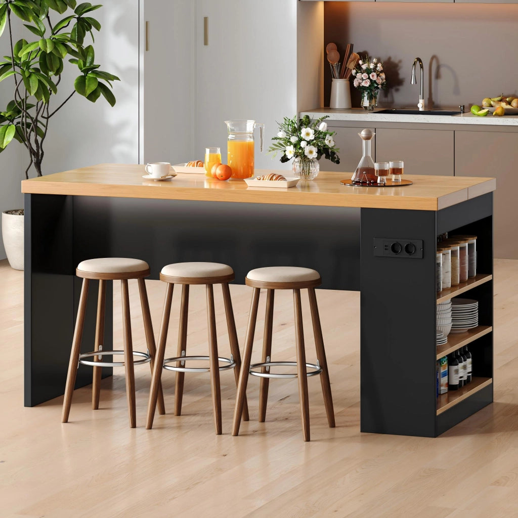 Isola cucina 155x80x90 cm con illuminazione LED, prese AC e USB, piano 40 mm, 3 ripiani aperti, colore Black+Natural