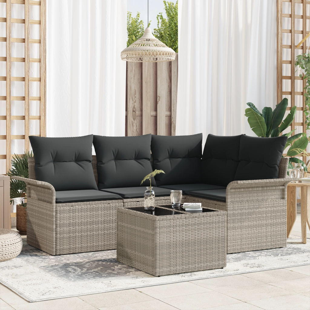Set divani giardino  da 5 pezzi con cuscini in polyrattan grigio chiaro