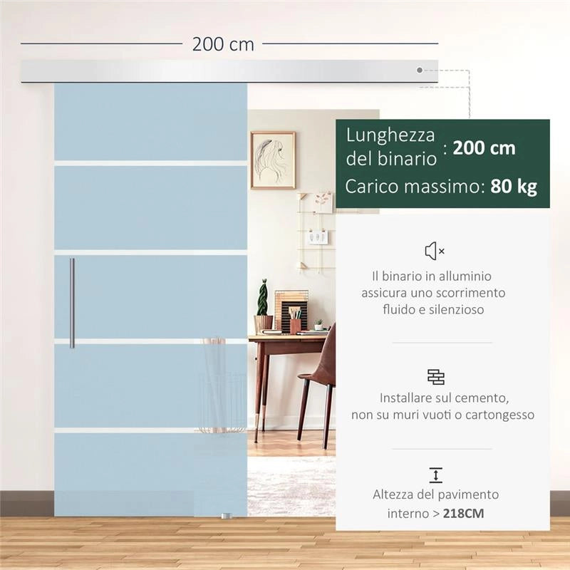 PORTA SCORREVOLE IN VETRO SATINATO CON 4 STRISCE TRASPARENTI, 102.5X205CM
