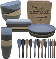 Set da tavola robusto e leggero con piatti, bicchieri e posate (28 pezzi) - resistente a lavastoviglie e forno a microonde - ideale per picnic, camper e bambini (4 colori)